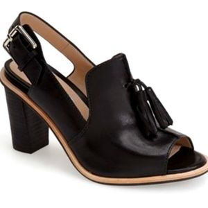 CLARKS NARRATIVE BLACK LEATHER TASSELED SLINGBACK HEELS SZ 7.5